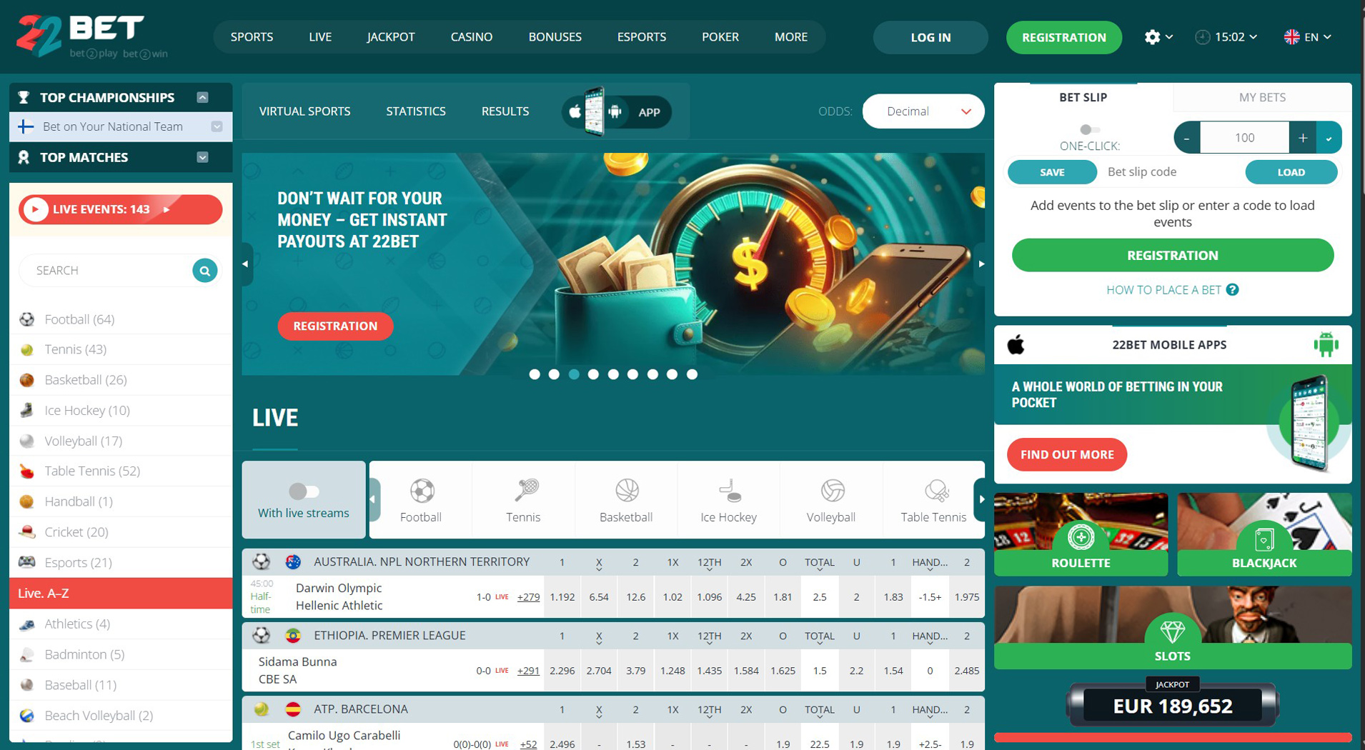 2. 22Bet Casino- Gyors online kaszinó hozzáférés